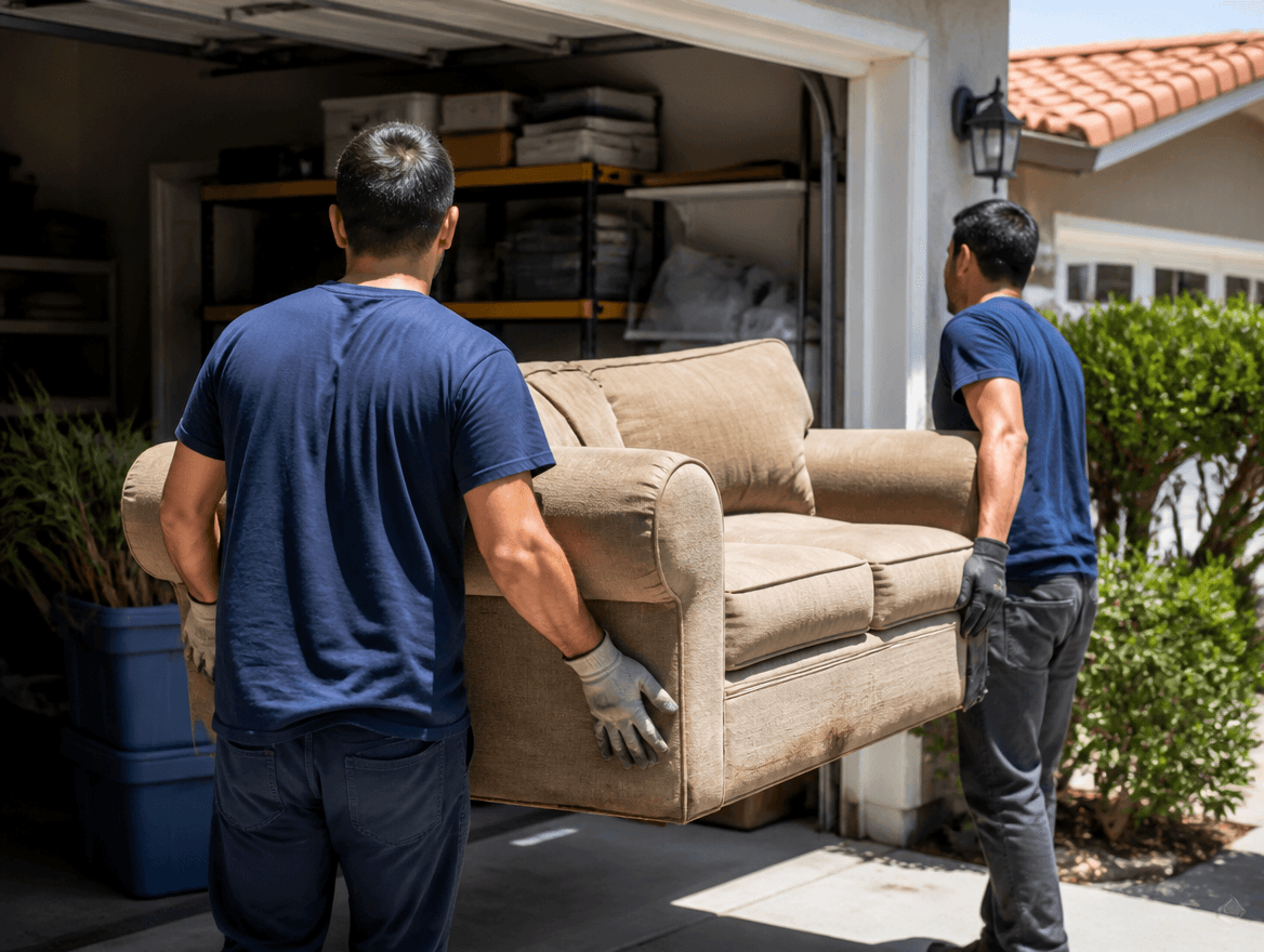 Two Beach City Haulers brothers carrying an old couch out of a garage during a cleanout