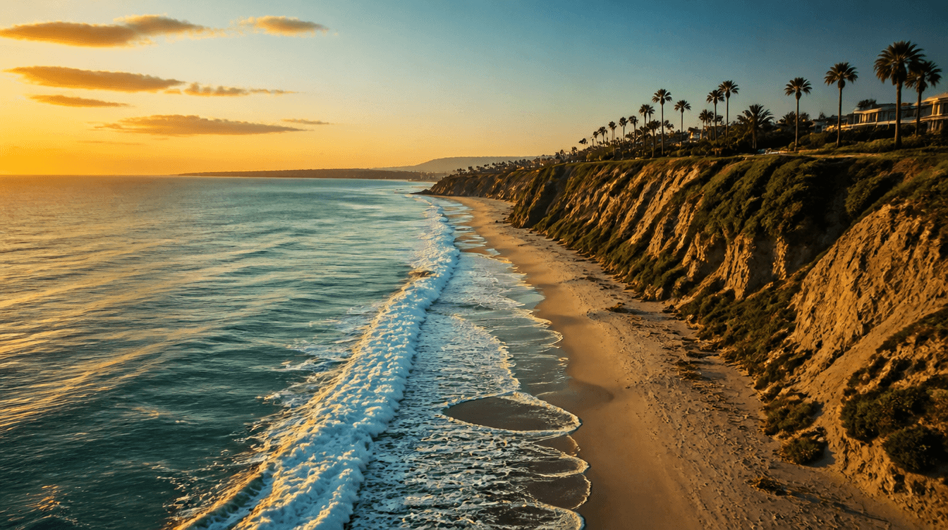 Aerial view of the Southern California coastline with palm trees at sunset